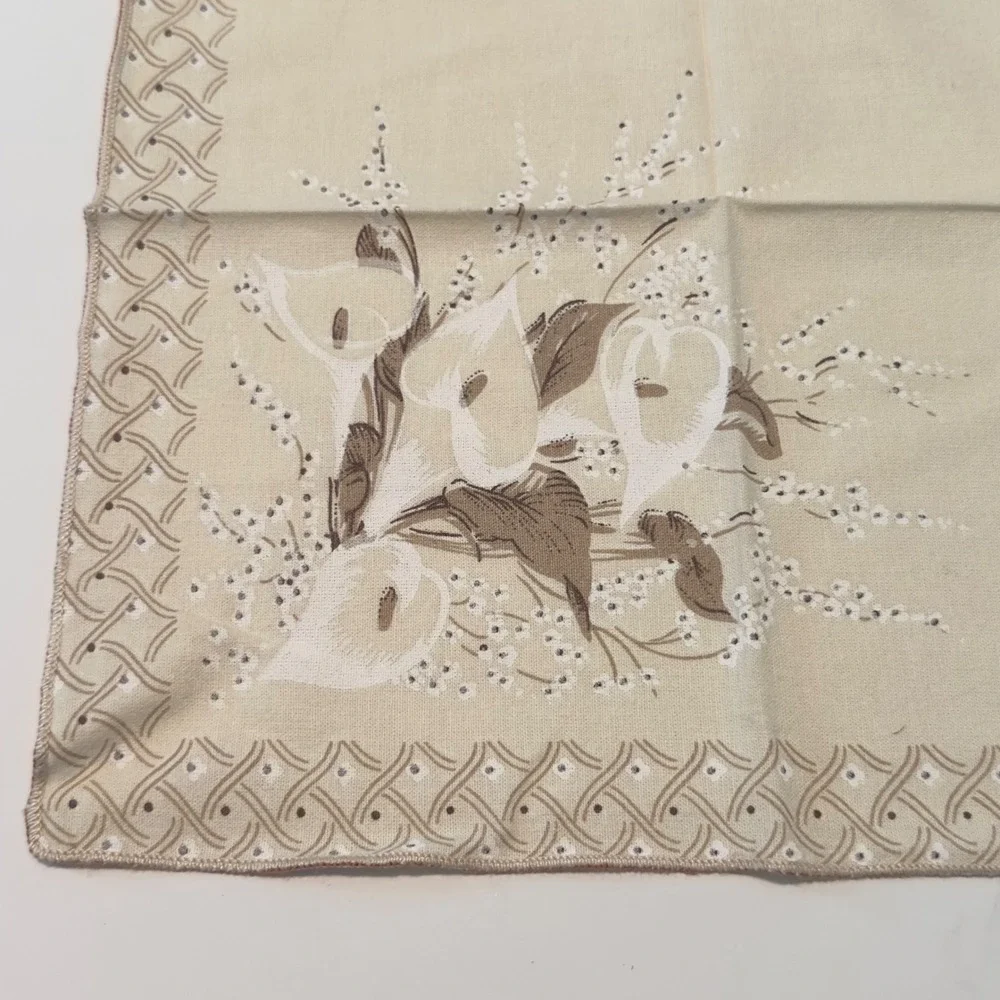 Vintage Calla Lily Floral Cloth Napkins Set of 8 Cream Tan Lattice Border 16x16